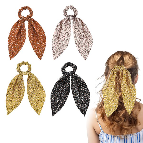 Tyqour 4Pcs Floral Hair Scarf Scrunchies Floral Hair Scarf with Long Ribbon Bow Scrunchies Boho Elastic Floral Bow Hair Ties Hair Accessories for Woman Girls