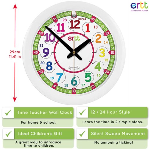 ertt Teaching Wall Clock - Learn The Time Wall Clock - Kids Analog Clock for Classroom, Playroom, Bedroom, Educational Room Decor - School Clock for Kids with Rainbow Face (29cm)