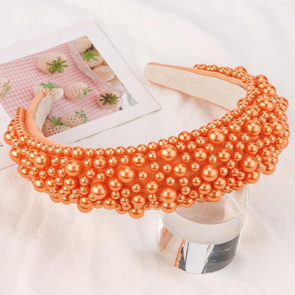 Hapdoo Orange Pearl Headbands for Women, Gold Wide Padded Hair Hoop with Faux Pearl for Bridal, Bling Wedding Hairbands Hair Accessories for Women Girls