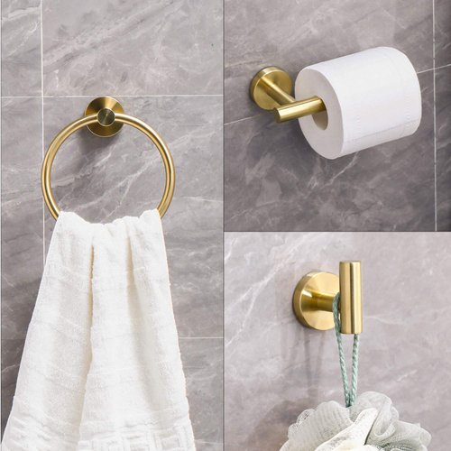Ntipox 4 Piece Brushed Gold Stainless Steel Bathroom Hardware Set Include Hand Towel Ring, Toilet Paper Holder,and 2 Robe Towel Hooks,Bathroom Accessories Kit