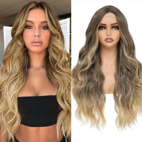 CroLiya Blonde Wig for Women 26 Inch Middle Part Lace Blonde Ombre Wig Long Curly Wig Upgraded Protein Fiber Blonde Wigs for Daily/Party Use Glueless Wig Synthetic Hair (Ombre Blonde)