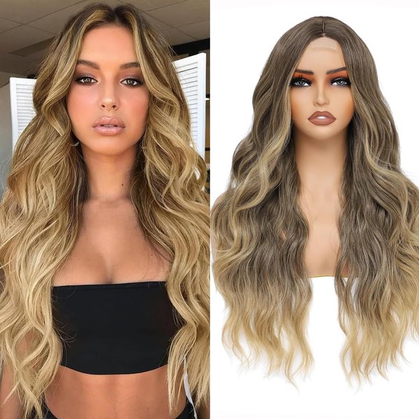 CroLiya Blonde Wig for Women 26 Inch Middle Part Lace Blonde Ombre Wig Long Curly Wig Upgraded Protein Fiber Blonde Wigs for Daily/Party Use Glueless Wig Synthetic Hair (Ombre Blonde)