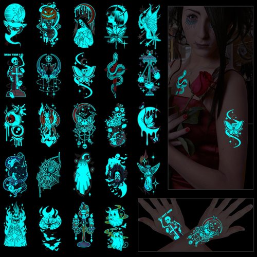 Konsait 24 Sheets Glow in the Dark Tattoos, Halloween Temporary Tattoos Adult Women Luminous Body Makeup Fake Tattoos Blue Tattoos for Kids Halloween Goodie Bag Stuffers
