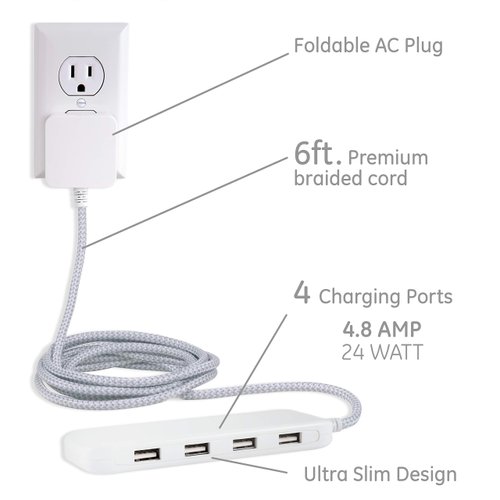 UltraPro GE Wall Charger, 4 Port USB Charger, 6 Ft Cord, Multi USB Charger Station, White, 44139