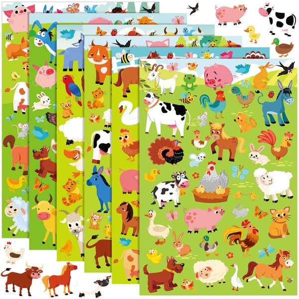 Teling 48 Sheets Waterproof Stickers for Kids Animal Space Transportation Unicorn Penguin Dinosaur 1500+ Cute Stickers Wall Decal Self Adhesive Sticker for Party Decor Class Rewards (Farm Animal)