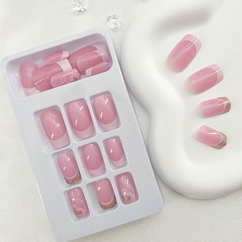 Press on Nails Short Square Fake Nails White French Tip Acrylic Nails Pink Full Cover False Nails Heart & Gold Glitter Glue on Nails Swirl & Glossy Nails for Women 24 Pcs