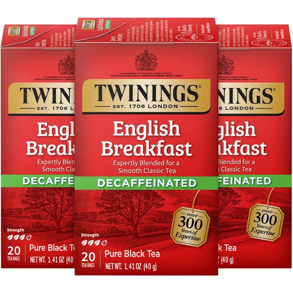 Twinings English Breakfast Decaffeinated Tea, Decaf Black Tea Bags Individually Wrapped, 20 Count Ea (Pack of 3)