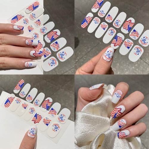 6 Sheets 4th of July Full Wrap Nail Stickers Self-Adhesive Patriotic Nail Polish Stickers Independence Day Nail Wraps Glitter USA Flag Star Design Gel Nail Strips Stickers for Women DIY Nail Decor