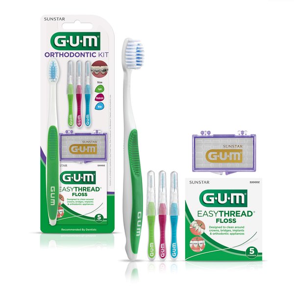 GUM Orthodontic Kit – Features Orthodontic Toothbrush, 3 Proxabrush Sizes and shred-resistant EasyThread Floss, and Mint Ortho Wax