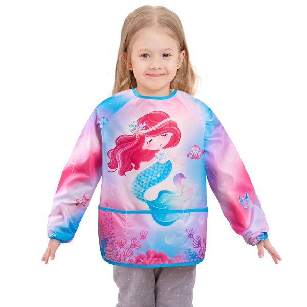 Mermaid Toddler Smock - Kids Art Smocks for Girls Ages 3-8 Waterproof Painting Artist Smocks Eating Cooking Baking Gardening Chef Apron for Kids with Long Sleeve and 3 Pockets Toddlers Paint Smock