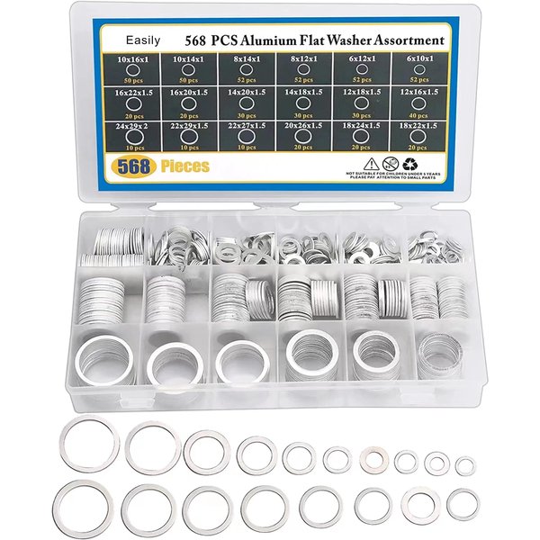 Crush Washer Oil Drain Plug - 568 Pieces 18 Sizes Aluminum Automotive Engine Oil Pan Drain Plug Gasket Assortment Kit (M6 M8 M10 M12 M14 M16 M18 M20 M22 M24)