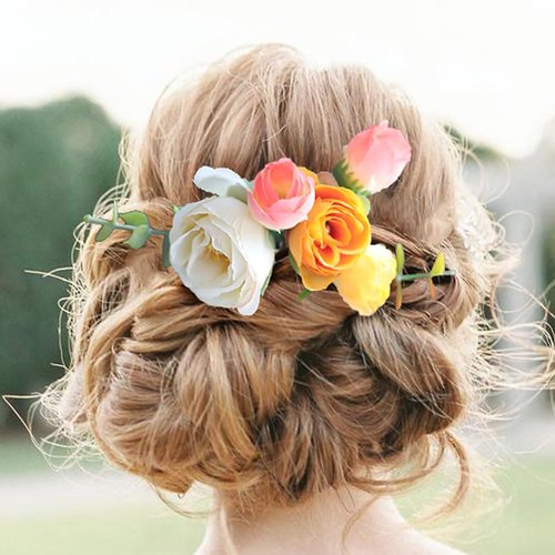 Fangsen Delicate White Orange Pink Ivory Rose Bud Leaf Rose Flower Hair Clips Floral Hair Accessories for Brides and Bridesmaids Silver (White+Orange+Pink)