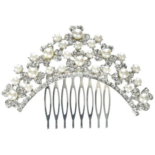 Unik Occasions Pearl and Crystal Clover Cluster Tiara Hair Comb, Silver