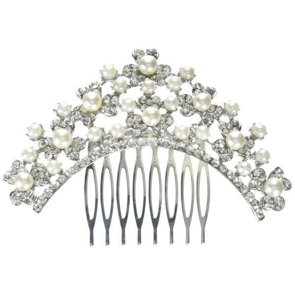 Unik Occasions Pearl and Crystal Clover Cluster Tiara Hair Comb, Silver