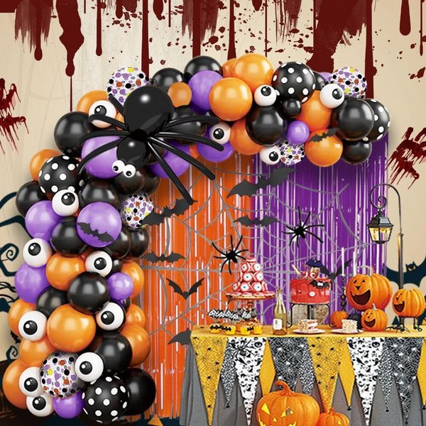 AIBIIN 151pcs Halloween Balloon Garland Arch Kit Halloween Party Balloons Halloween Balloons Decorations Purple Orange Foil Fringe Curtain Halloween Bat Birthday Baby Shower Backdrop Balloon Kit