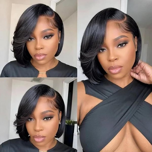 5x5 HD Lace Closure Wigs Human Hair Glueless Straight HD Lace Front Wigs Human Hair Pre Plucked 180 Density Human Hair Wigs with Elastic Band Realistic Looking Black Color (6 Inch)