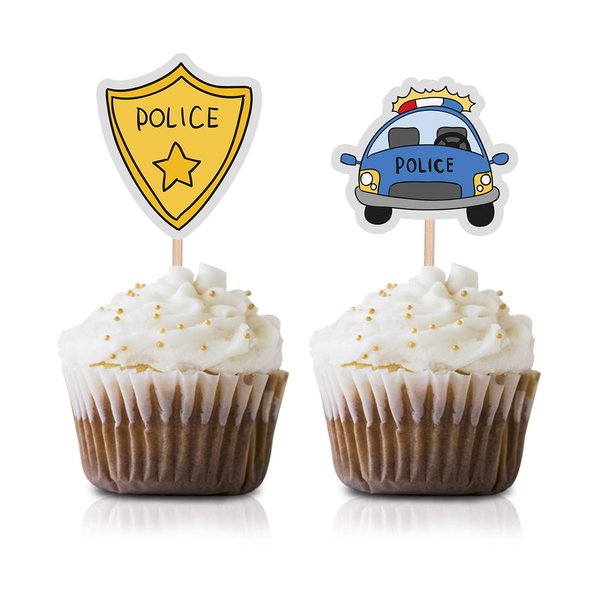 Police Party Cupcake Topper Picks, 24-Pack Boy Girl Cops Baby Shower Or Kids Birthday Party Decorations