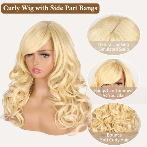 Liyouda Blonde Wigs with Bangs Long 613 Blonde Wig for Women Curly Blonde Wig with Bang Synthetic Wigs Blonde for Black Women Party Costume Cosplay Wig (#613 Blonde Wig with Side Part Bangs)