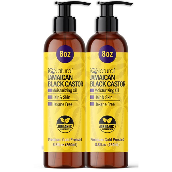 IQ Natural Jamaican Black Castor Oil for Hair Growth and Skin Conditioning, 100% Pure Cold Pressed, Scalp, Nail and Hair Oil - (2 PACK Unscented) (8oz)