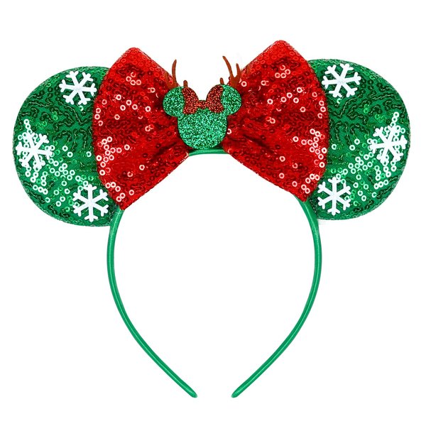 WOVOWOVO Christmas Mouse Ears Headbands for Women Girls, Bow Decoration Hairbands with Green Sequin and White Snowflake Headband Party Cosplay Hair Accessories Costume