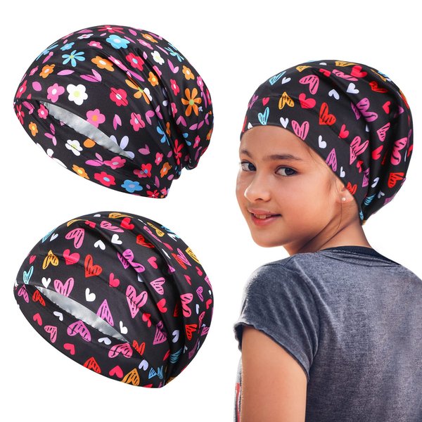 Tatuo 2 Pcs Satin Lined Hair Bonnet for Sleeping Kids Gift for Christmas Sleep Cap Head Scarf Curly Hair with Elastic Band(Cute Pattern) Multicoloured