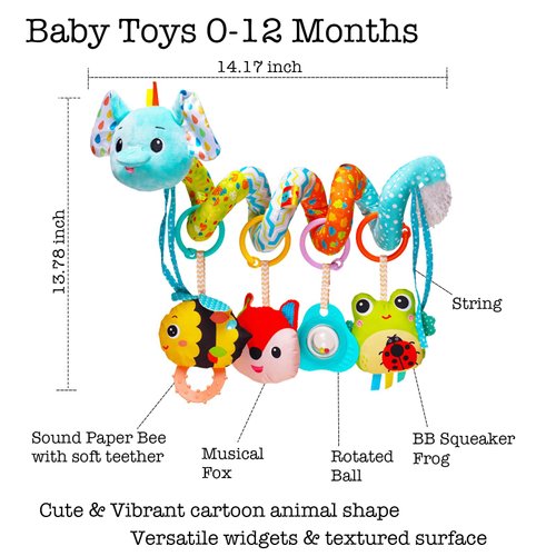 Stroller Toys, Car Seat Toys for Babies Infants 0-6 Months, Activity Spiral Plush Toys Hanging Toys Gift for Baby Boys and Girls 0 3 6 12 Months Newborn Sensory Toys with Rattles Squeaker Music -Blue