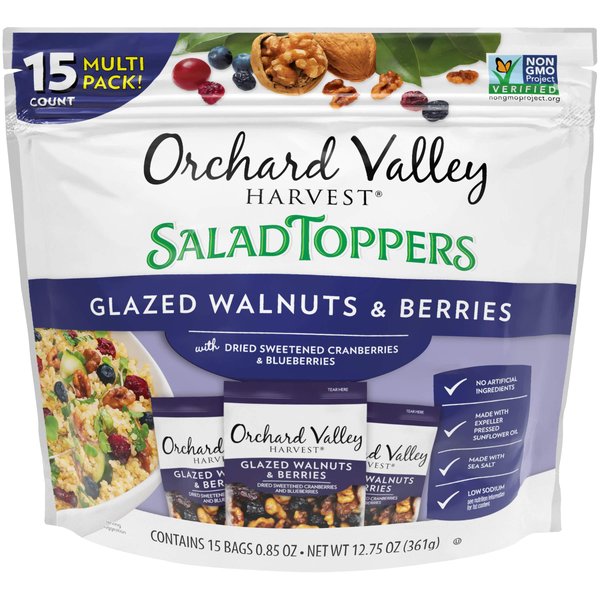 Orchard Valley Harvest Salad Toppers Glazed Walnuts and Berries, 0.85 Ounce Bags (Pack of 15), Salad Toppings, Non-GMO, No Artificial Ingredients