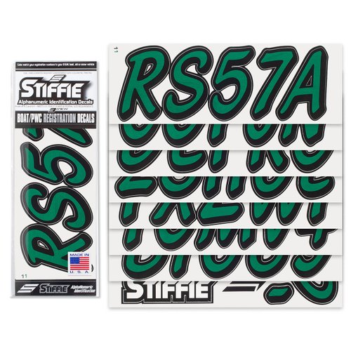 STIFFIE Whipline Solid Racing Green/Black 3" Alpha-Numeric Registration Identification Numbers Stickers Decals for Boats & Personal Watercraft