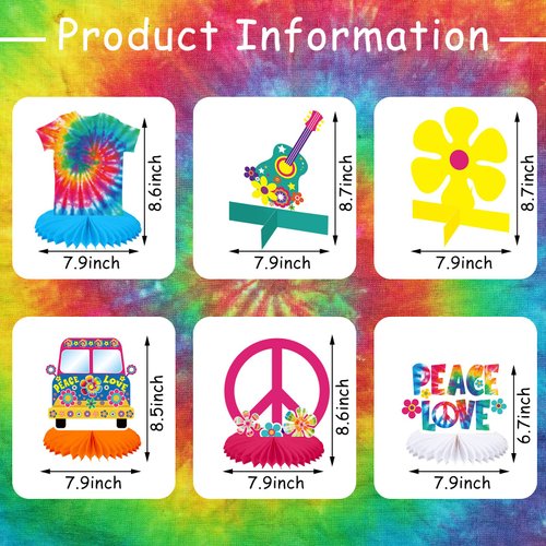 12 Pieces Tie Dye Party Honeycomb Centerpieces Hippie Tie Dye Party Table Topper Honeycomb Stand Hippy Retro Flower Cutout Peace Sign for 60's 70's Hippie Theme Party Decorations