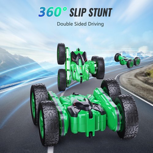 Remote Control Car, RC Cars with Strip Lights and Headlight, 2 Hours Long Battery Life, 4WD Double-Sided 360° Flips Rotating Stunt RC Car Toys, Birthday Gift for Boys Girls (Green)