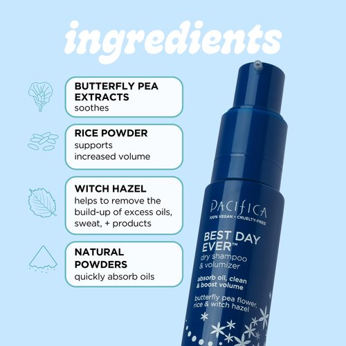 Pacifica Beauty Best Day Ever Dry Shampoo and Volumizer, Haircare, Butterfly Pea Flower, Witch Hazel, Dry Shampoo Powder, Non Aerosol, Talc Free, Travel Size, Hair Care, Vegan, 1 oz (1 Count)