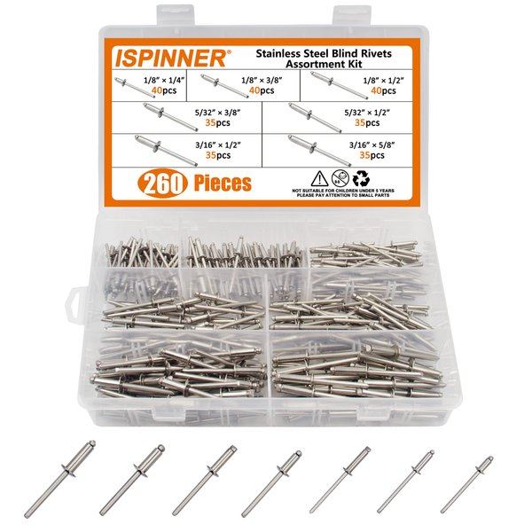 ISPINNER 260pcs Stainless Steel Blind Rivets, 7 Sizes Pop Rivets Assortment Kit
