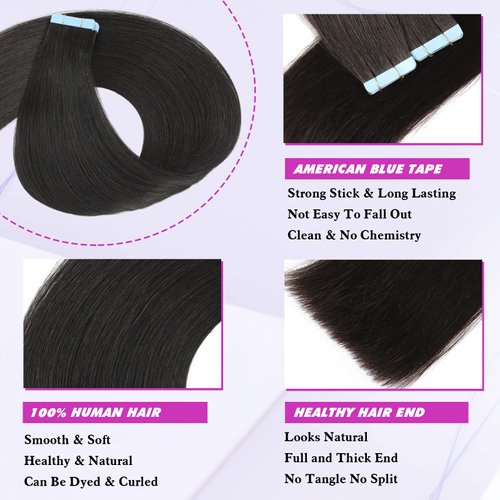 Tape in Hair Extensions Human Hair 10 Inch #1B Natural Black Pu Tape in Real Human Hair Extensions Straight Hair 20 Pieces/Pack 40g Seamless Skin Weft Human Hair Extensions Tape in for Black Women (10Inch,Natural Black,40g)