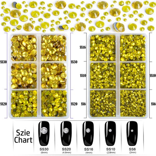 LPBeads 6400 Pieces Lemon Yellow Hotfix Rhinestones Flat Back 5 Mixed Sizes Crystal Round Glass Gems with Tweezers and Picking Rhinestones Pen