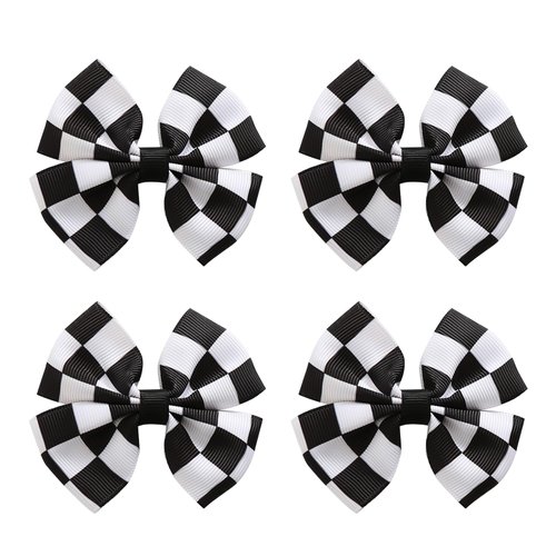 4PC Racing Checkered Flag Hair Bow Clips 3 Inch Girls Women Black and White Racing Fan Pigtail Hair Accessories