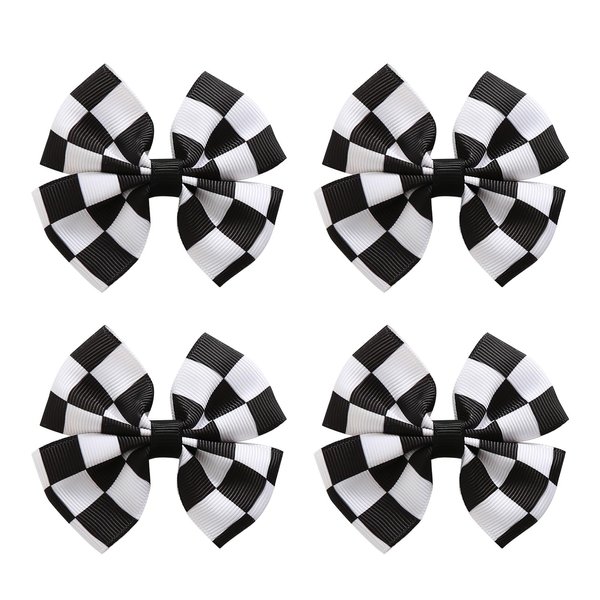 4PC Racing Checkered Flag Hair Bow Clips 3 Inch Girls Women Black and White Racing Fan Pigtail Hair Accessories