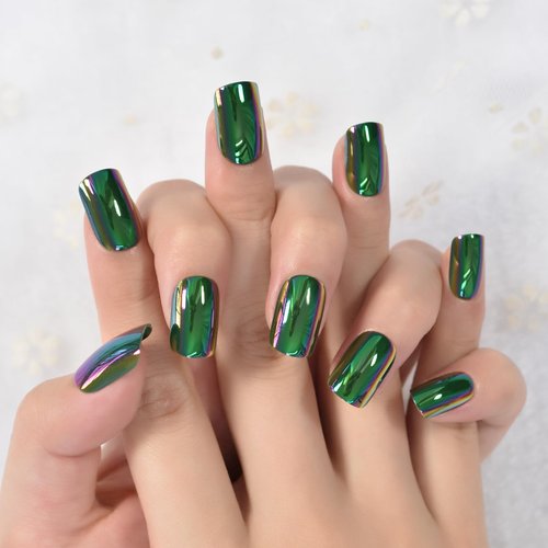 Chrome Green Press On Nails Short Square Full Cover Fake Fingernails Art Daily Wearable Electroplate Design Manicure False Nails Tips (24pcs)