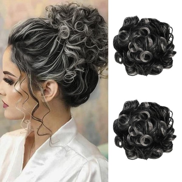 shufang Messy Bun Hair Piece for Women Hair Bun Hair Pieces for Women Elastic Drawstring Loose Curly Bun Hair Piece for Women Short Curly Ponytail Extensions (Pack of 2, Tgray)