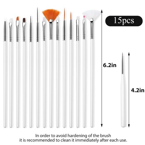 MultiValue 15 pcs Nail Paint Brushes Set, Nail Art Brushes for Gel Polish with Rhinestone Picker, Nail Detailing Brush Makeup Brushes Set for Cleaning Fingernails Dotting Painting Line (White)