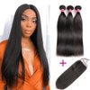 Brazilian Straight Bundles With Closure 3 Bundles Unprocessed Virgin Human Hair Bundles With Free Part Lace Closure Hair Extensions Natural Color (22 24 26+20", Free Part)