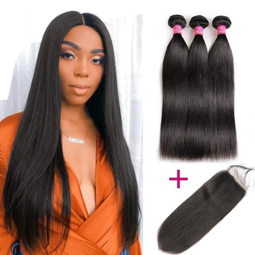 Brazilian Straight Bundles With Closure 3 Bundles Unprocessed Virgin Human Hair Bundles With Free Part Lace Closure Hair Extensions Natural Color (22 24 26+20", Free Part)