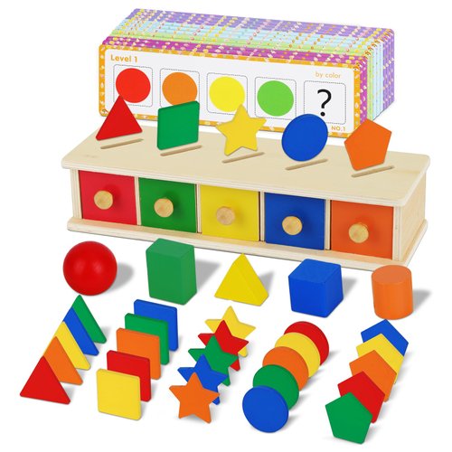 Demolike Wooden Sorting Montessori Toys, Shape Color Matching Geometric Blocks, Toddler Preschool Early Educational Learning Toys for Age 3 Year Old Boys and Girls
