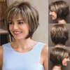 Aisaide Short Pixie Cut Bob Wig Dark Brown Mixed Highlight Ash Blonde Straight Bob Wigs for Women Short Layered Wigs for White Women Synthetic Short Brown Medium Length Wig with Bangs