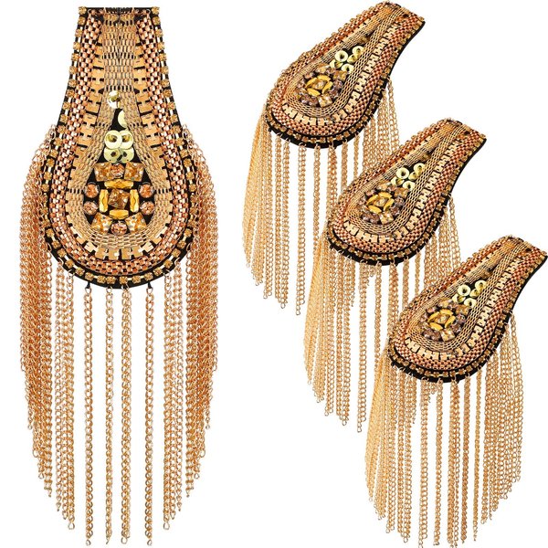 4 Pieces Metal Tassel Link Chain Epaulet Beaded Crystal Shoulder Boards Badge Punk Rivet Shoulder Jewelry Epaulettes Shoulder with Pins for Men and Women Uniform Accessories (Gold)