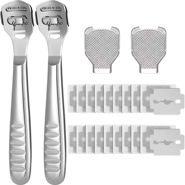 24 Pieces Callus Shaver Set, 20 Replacement Slices Blades 2 Callus Shavers and 2 Foot File Head Foot Care Tools Steel Handle Hard Skin Remover for Hand Feet (Grooved Handle)