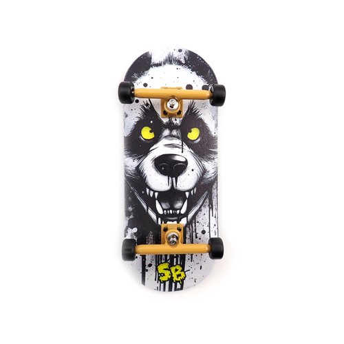 SPITBOARDS 36 x 96 mm Wood Fingerboard Complete Set-Up, Pre Assembled, 5-Layers Wood, Pro Trucks with Lock Nuts, CNC Bearing Wheels, Real Wear Graphics, Lasered Foam Grip Tape, Hungry Panda