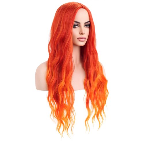 MAGQOO Orange Wig Orange Ombre Flame Fire Wig Long Curly Wavy Ombre Orange Wigs for Women Girls Middle Part Heat Resistant Hight Density Synthetic Wigs (Orange Ombre)