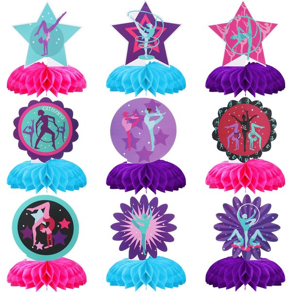9 Pieces Gymnastics Party Decoration Gymnastics Party Centerpiece Gymnastics Birthday Honeycomb Centerpiece Table Topper for Birthday Baby Shower Gender Reveal Party Supplies