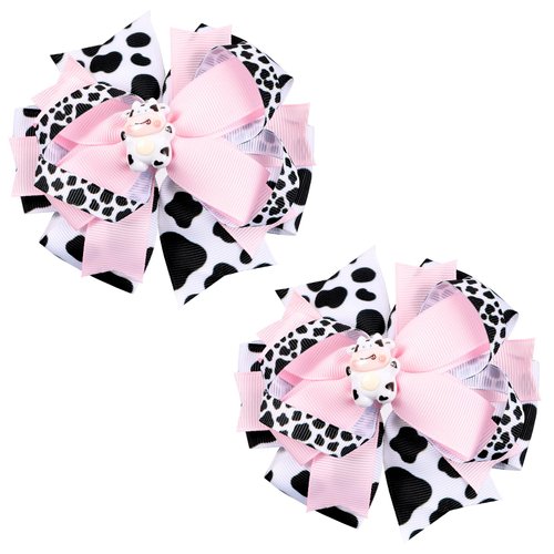 Cow Print Hair Bow Clips 4" Girls Cute Holstein Moo Cow Alligator Barrettes Pigtail Pins Pink Barnyard Farm Animal Birthday Party Outfit Halloween Costume Decor Accessory Gift