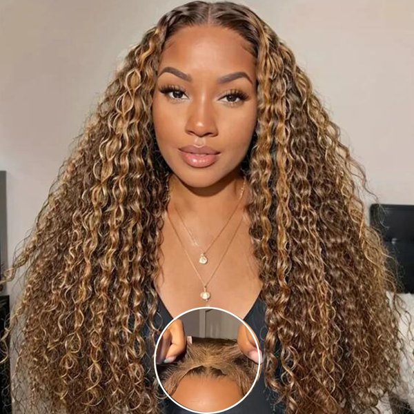 Wear and Go Glueless Wigs Human Hair Pre Plucked Pre Cut P4/27 Honey Blonde Wig Human Hair 5x5 HD Lace Closure Wigs Human Hair 180% Density 5x5 Curly Human Hair Wig with Baby Hair for Women 22 Inch